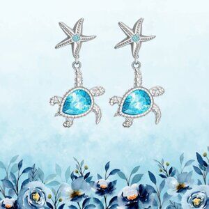 🌊 Starfish & Turtle Earrings | Ocean Blue Crystal Drop Studs 🐢✨